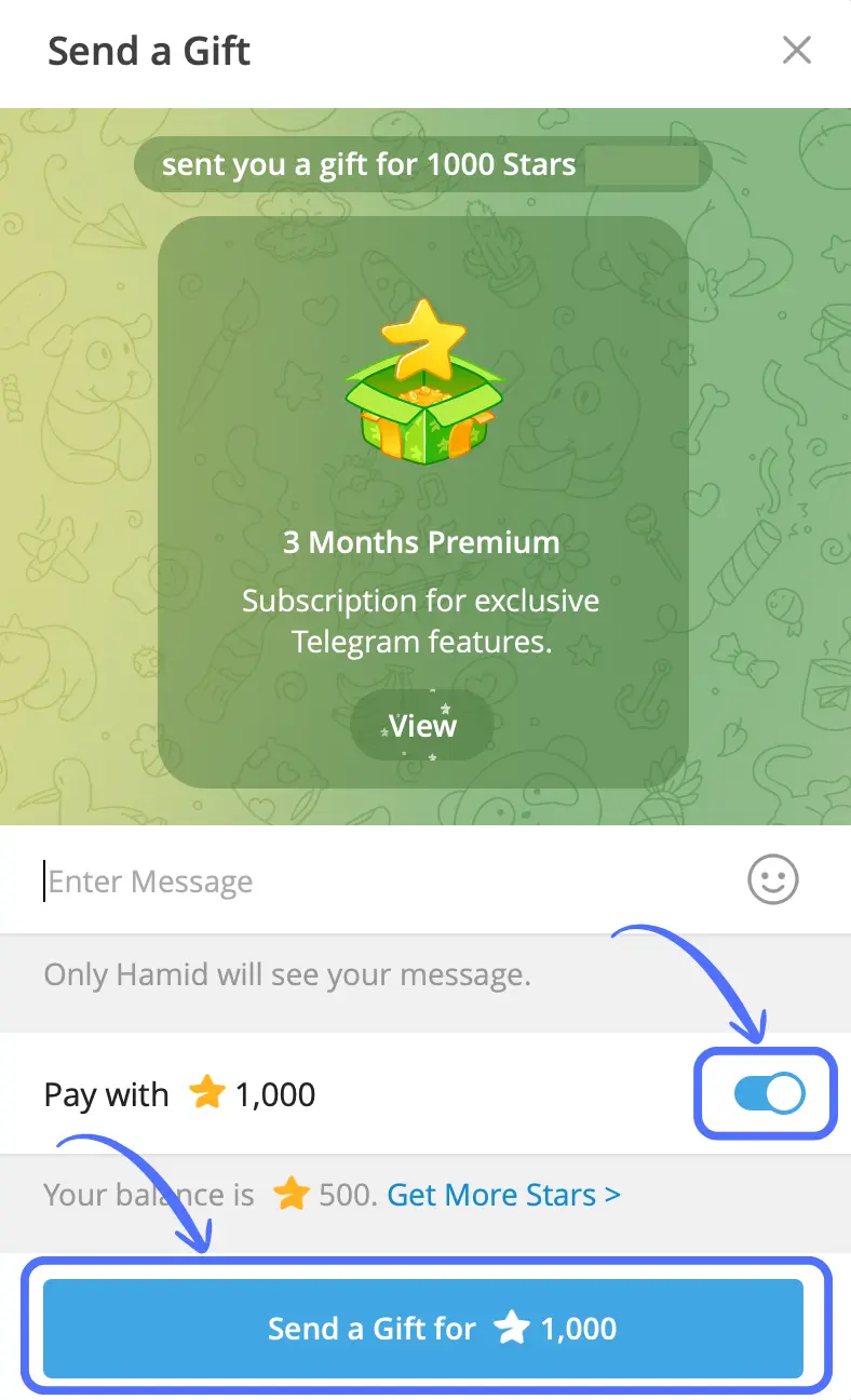 Enabling the Pay with Stars option and sending a Telegram Premium gift paid with Stars