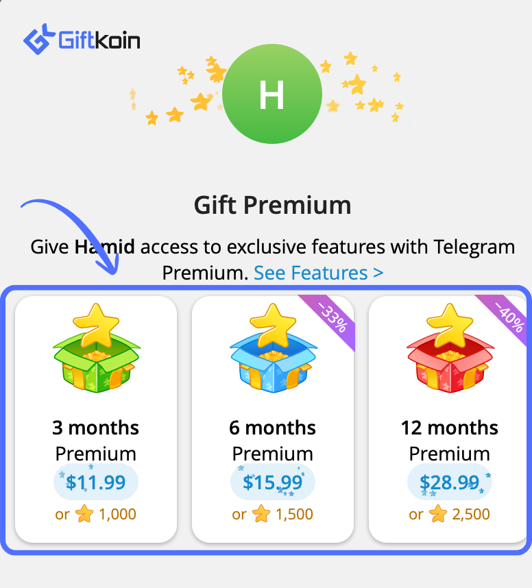 Choosing a 3, 6 or 12-month plan in the Telegram Gift Premium section