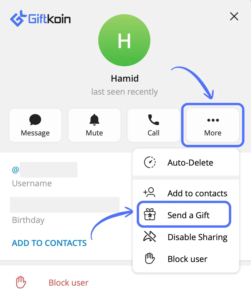 Selecting Send a Gift from the More menu on a Telegram profile